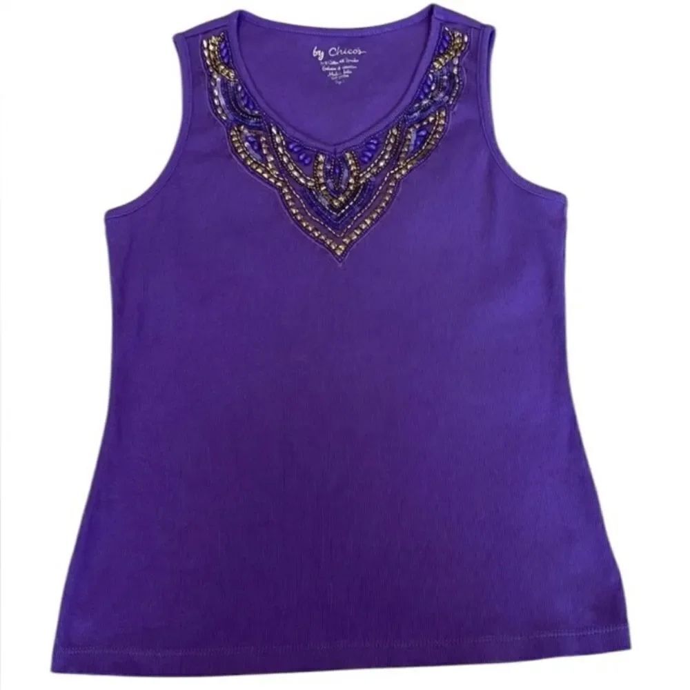 Chicos size 1 M beautiful purple beaded tank top no missing beads EUC